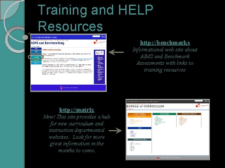 Training and HELP Resources http: //benchmarks Informational web site about AIMS and Benchmark Assessments