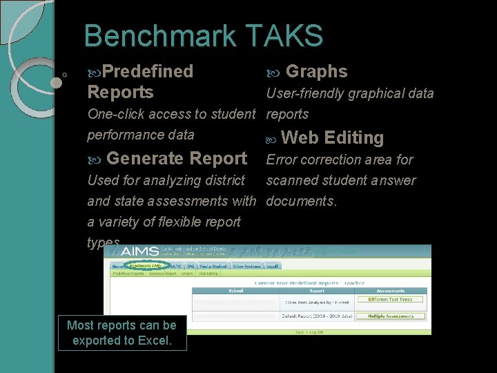 Benchmark TAKS Predefined Graphs Reports User-friendly graphical data One-click access to student reports performance