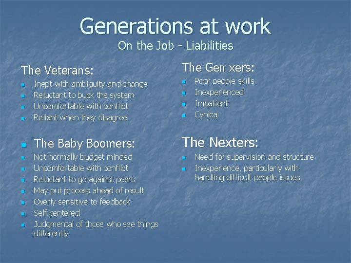 Generations at work On the Job - Liabilities The Veterans: The Gen xers: Poor