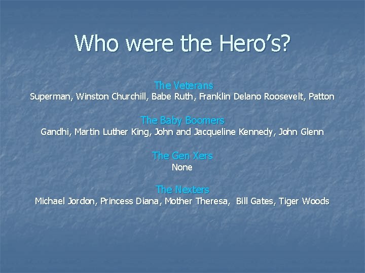 Who were the Hero’s? The Veterans Superman, Winston Churchill, Babe Ruth, Franklin Delano Roosevelt,