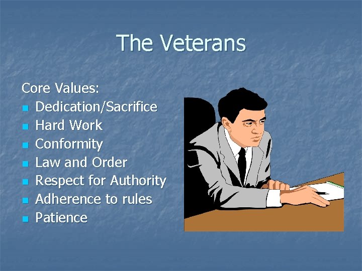 The Veterans Core Values: n Dedication/Sacrifice n Hard Work n Conformity n Law and