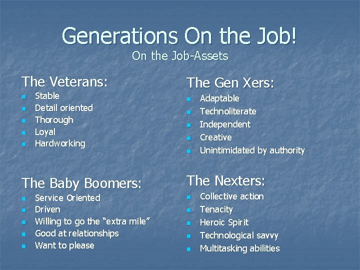 Generations On the Job! On the Job-Assets The Veterans: n n n Stable Detail