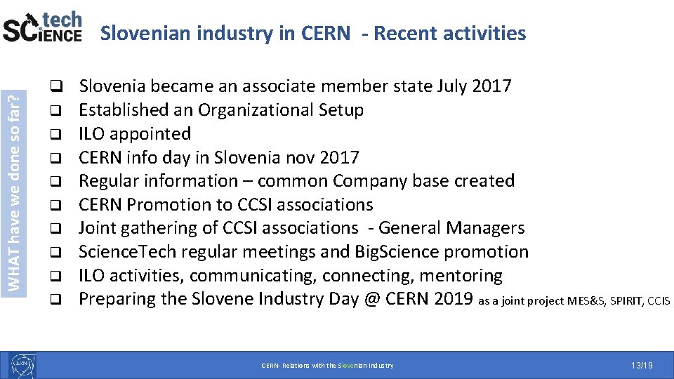 WHAT have we done so far? Slovenian industry in CERN - Recent activities q