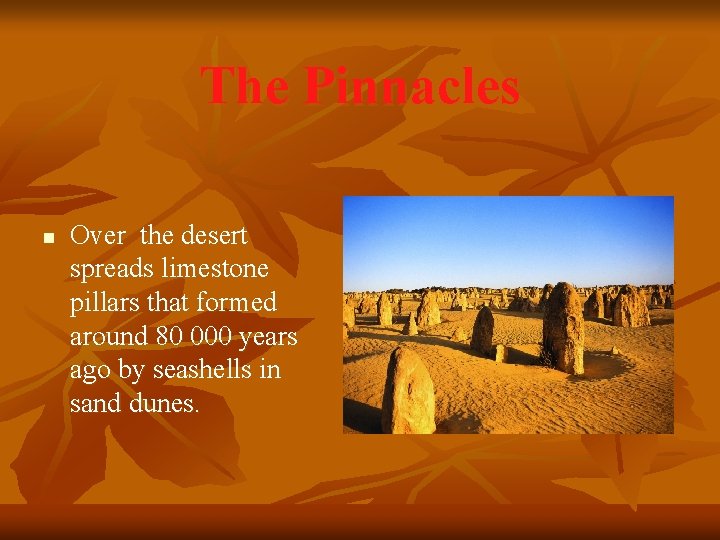 The Pinnacles n Over the desert spreads limestone pillars that formed around 80 000