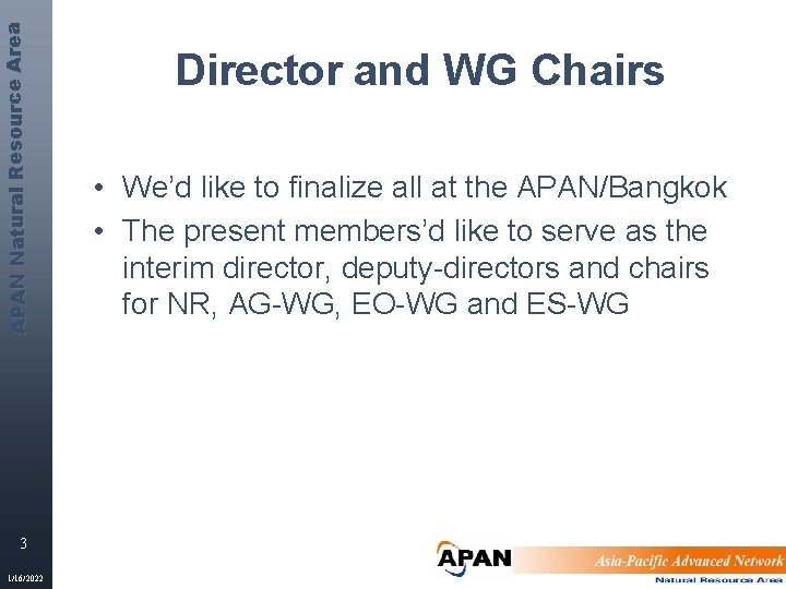 APAN Natural Res ource Area 3 1/16/2022 Director and WG Chairs • We’d like