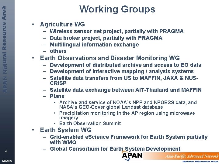 APAN Natural Res ource Area Working Groups • Agriculture WG – – Wireless sensor