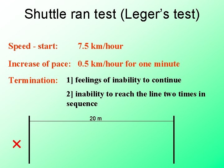 Shuttle ran test (Leger’s test) Speed - start: 7. 5 km/hour Increase of pace: Shuttle ran test (Leger’s test) Speed - start: 7. 5 km/hour Increase of pace: