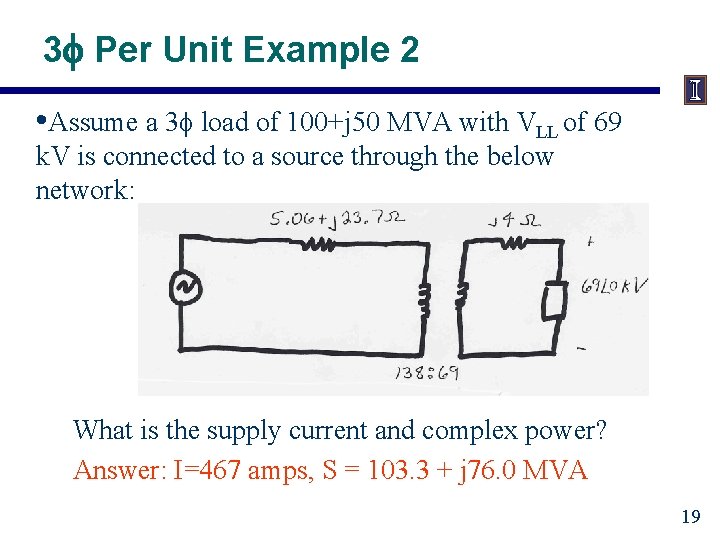 3 f Per Unit Example 2 • Assume a 3 f load of 100+j