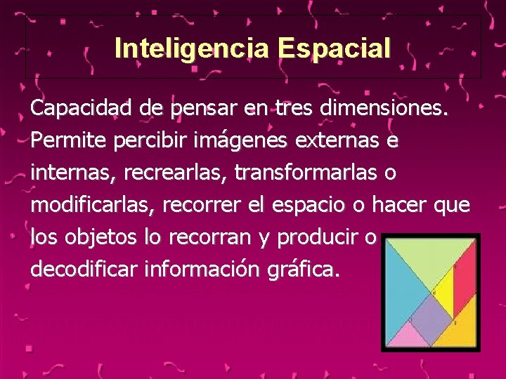 Inteligencia Espacial Capacidad de pensar en tres dimensiones. Permite percibir imágenes externas e internas,