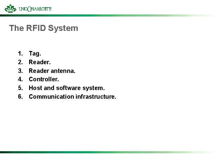 The RFID System 1. 2. 3. 4. 5. 6. Tag. Reader antenna. Controller. Host