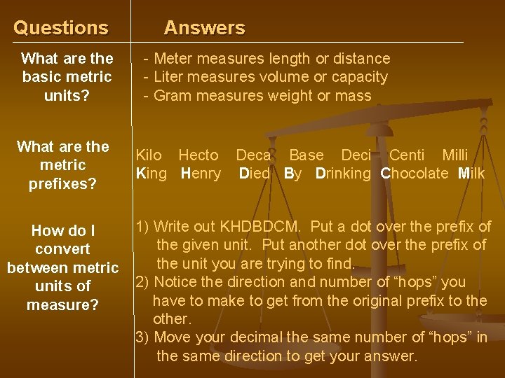 Questions What are the basic metric units? What are the metric prefixes? How do