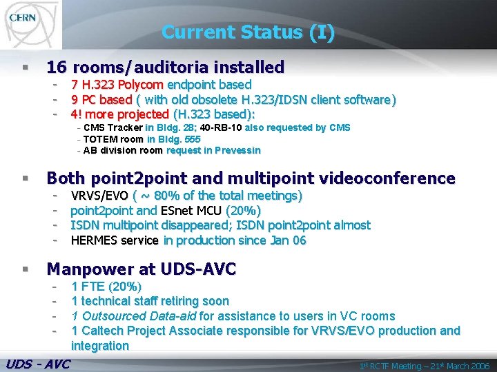 Current Status (I) § 16 rooms/auditoria installed - 7 H. 323 Polycom endpoint based