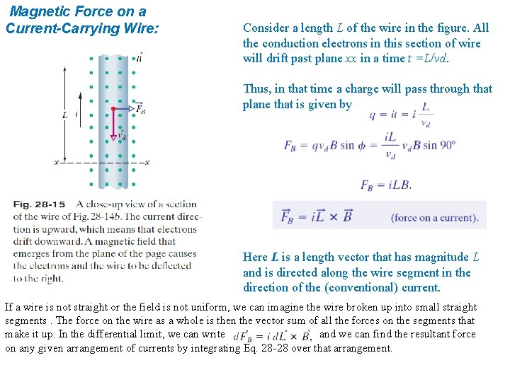 Magnetic Force on a Current-Carrying Wire: Consider a length L of the wire in