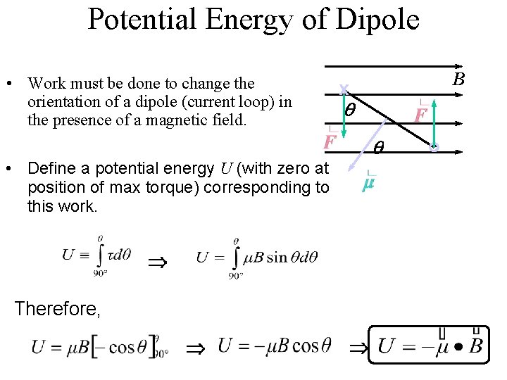 Potential Energy of Dipole • Work must be done to change the orientation of