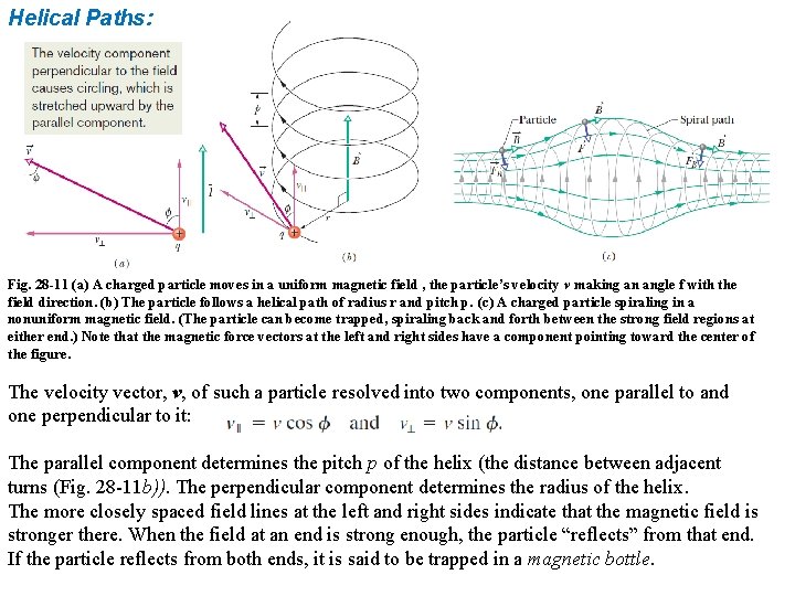 Helical Paths: Fig. 28 -11 (a) A charged particle moves in a uniform magnetic