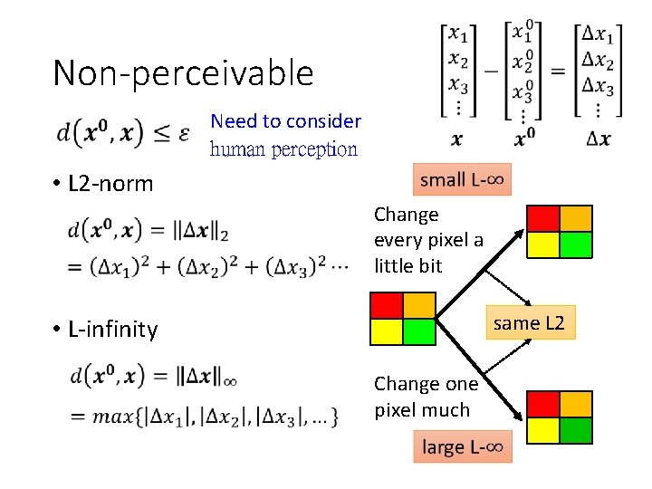 Non-perceivable Need to consider human perception • L 2 -norm Change every pixel a