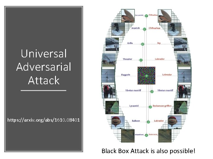 Universal Adversarial Attack https: //arxiv. org/abs/1610. 08401 Black Box Attack is also possible! 