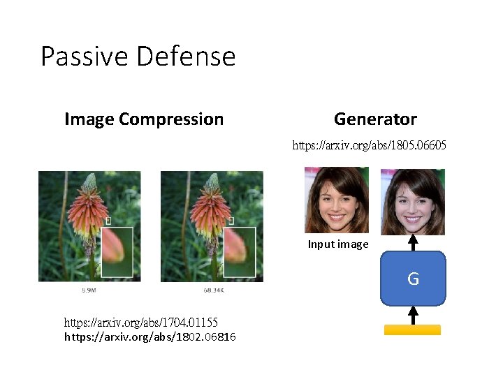 Passive Defense Image Compression Generator https: //arxiv. org/abs/1805. 06605 Input image G https: //arxiv.