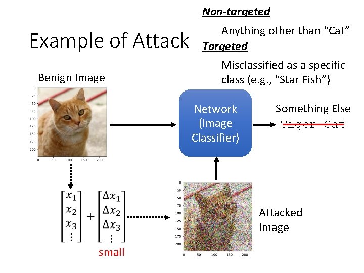 Non-targeted Example of Attack Benign Image Anything other than “Cat” Targeted Misclassified as a