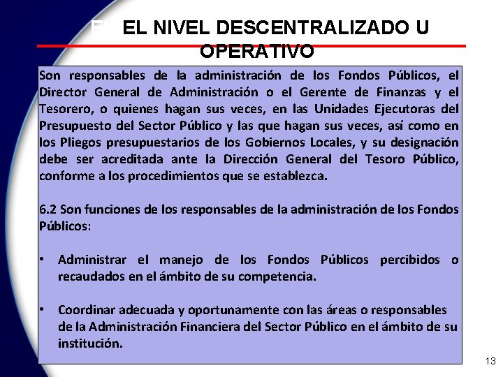 EN EL NIVEL DESCENTRALIZADO U OPERATIVO Son responsables de la administración de los Fondos