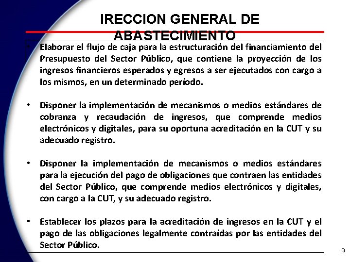 DIRECCION GENERAL DE ABASTECIMIENTO • Elaborar el flujo de caja para la estructuración del