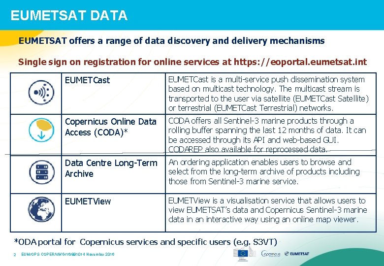 EUMETSAT DATA EUMETSAT offers a range of data discovery and delivery mechanisms Single sign