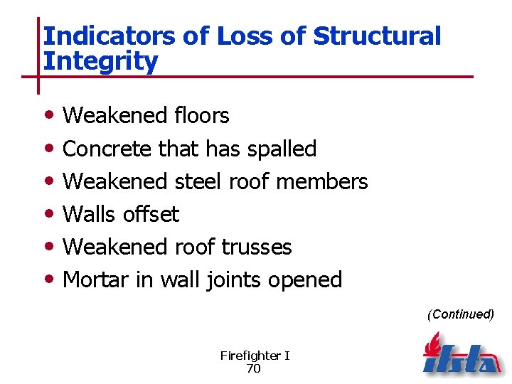 Indicators of Loss of Structural Integrity • • • Weakened floors Concrete that has