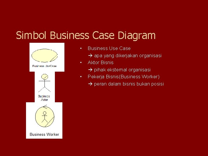 Simbol Business Case Diagram • • • Business Use Case apa yang dikerjakan organisasi Simbol Business Case Diagram • • • Business Use Case apa yang dikerjakan organisasi
