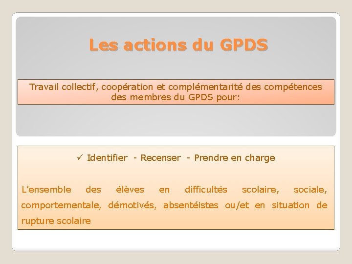 Les actions du GPDS Travail collectif, coopération et complémentarité des compétences des membres du