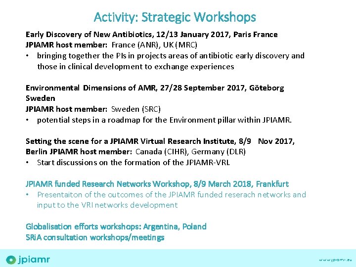 Activity: Strategic Workshops Early Discovery of New Antibiotics, 12/13 January 2017, Paris France JPIAMR