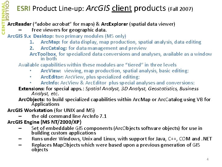 ESRI Product Line‐up: Arc. GIS client products (Fall 2007) Arc. Reader (“adobe acrobat” for ESRI Product Line‐up: Arc. GIS client products (Fall 2007) Arc. Reader (“adobe acrobat” for