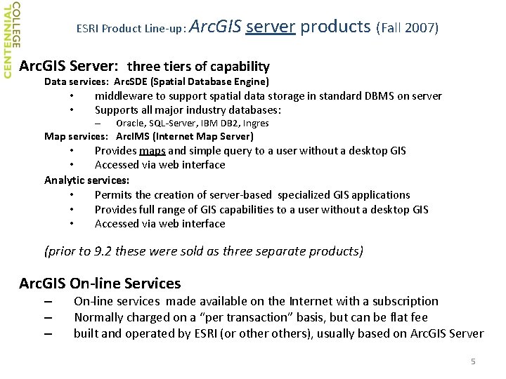 ESRI Product Line‐up: Arc. GIS server products (Fall 2007) Arc. GIS Server: three tiers ESRI Product Line‐up: Arc. GIS server products (Fall 2007) Arc. GIS Server: three tiers