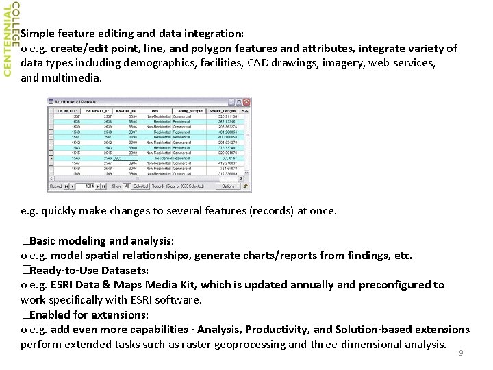 Simple feature editing and data integration: o e. g. create/edit point, line, and polygon Simple feature editing and data integration: o e. g. create/edit point, line, and polygon