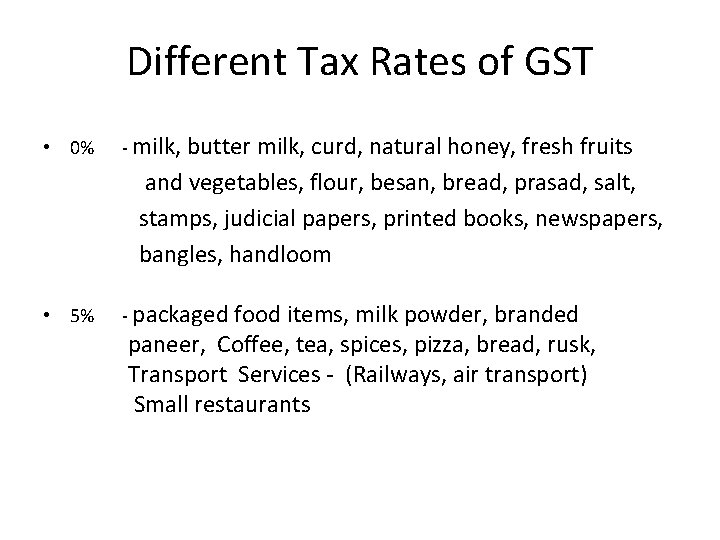 Different Tax Rates of GST • 0% - milk, butter milk, curd, natural honey,