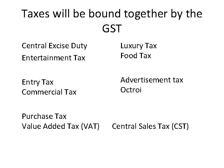 Taxes will be bound together by the GST Central Excise Duty Entertainment Tax Luxury