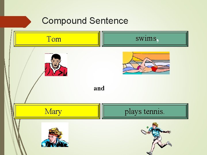 Compound Sentence swims, Tom and Mary plays tennis. 