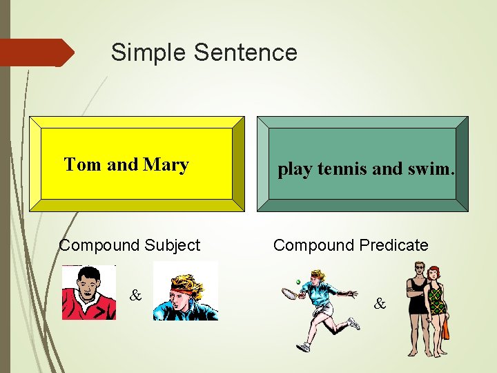 Simple Sentence Tom and Mary play tennis and swim. Compound Subject Compound Predicate &