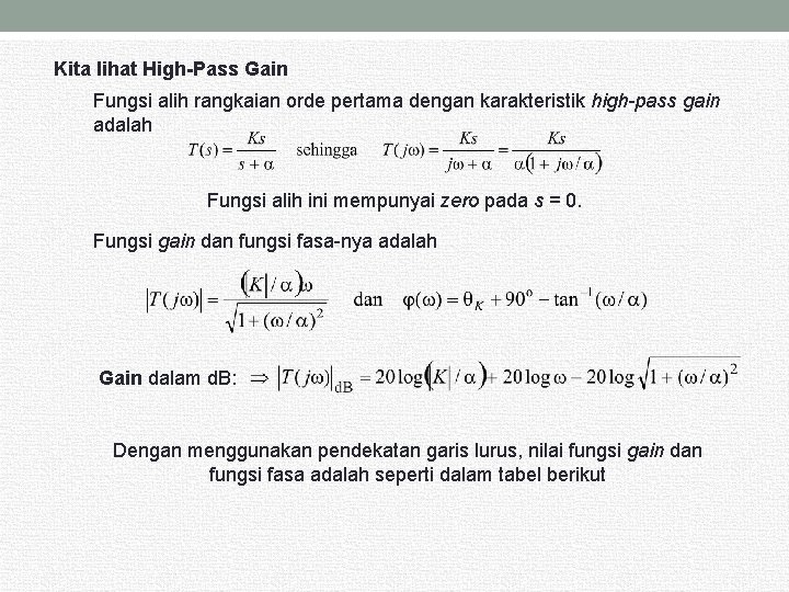 Kita lihat High-Pass Gain Fungsi alih rangkaian orde pertama dengan karakteristik high-pass gain adalah