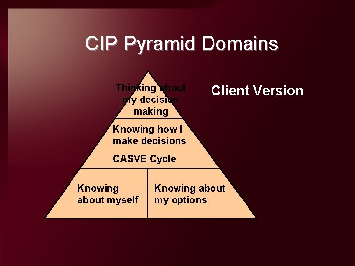 CIP Pyramid Domains Thinking about my decision making Client Version Knowing how I make