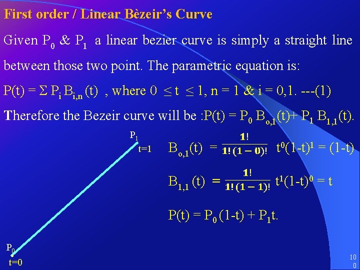 First order / Linear Bèzeir’s Curve Given P 0 & P 1 a linear