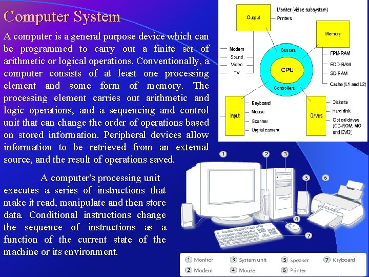 Computer System A computer is a general purpose device which can be programmed to