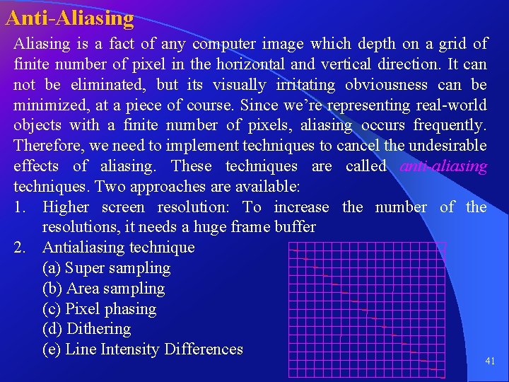 Anti-Aliasing is a fact of any computer image which depth on a grid of