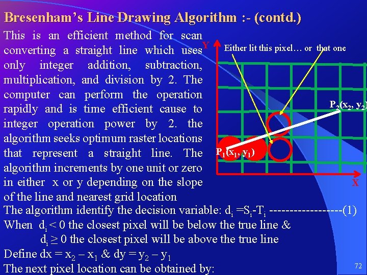 Bresenham’s Line Drawing Algorithm : - (contd. ) This is an efficient method for