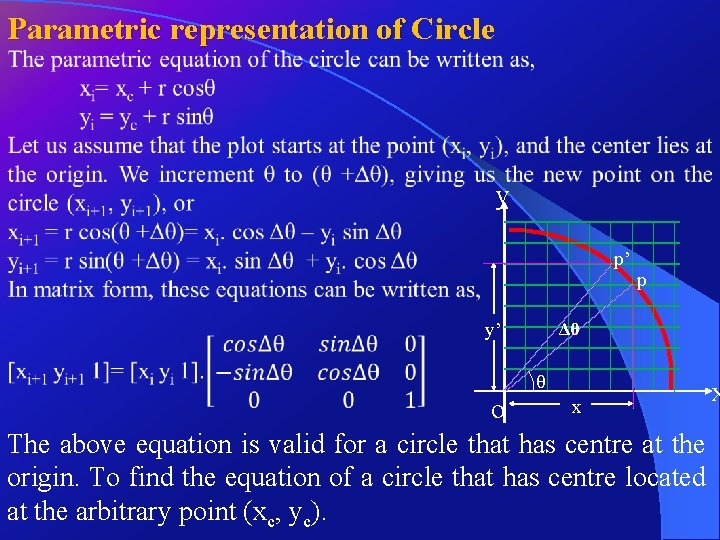 Parametric representation of Circle y p’ y’ p Δθ ᶿ o The above equation