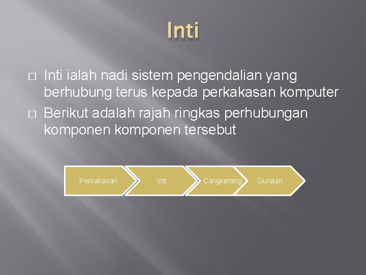 Inti � � Inti ialah nadi sistem pengendalian yang berhubung terus kepada perkakasan komputer