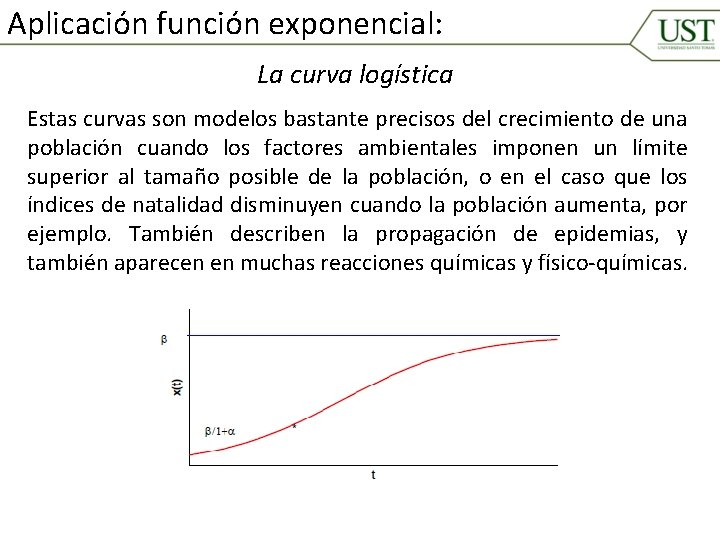 Aplicación función exponencial: La curva logística Estas curvas son modelos bastante precisos del crecimiento