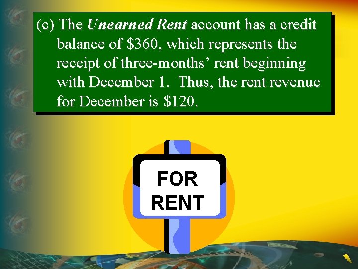 (c) The Unearned Rent account has a credit balance of $360, which represents the