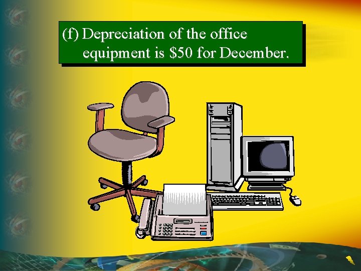 (f) Depreciation of the office equipment is $50 for December. 