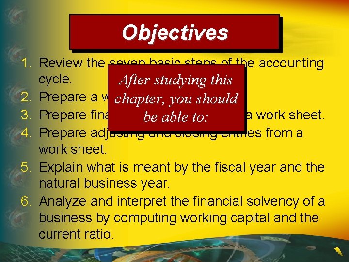 Objectives 1. Review the seven basic steps of the accounting cycle. After studying this