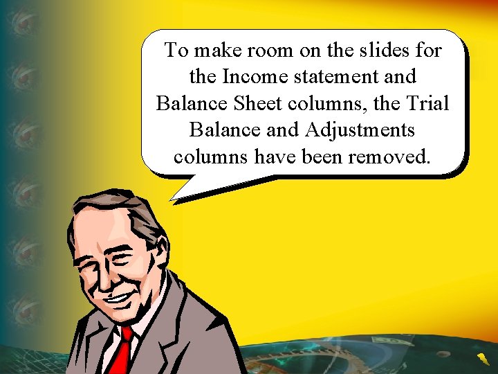 To make room on the slides for the Income statement and Balance Sheet columns,